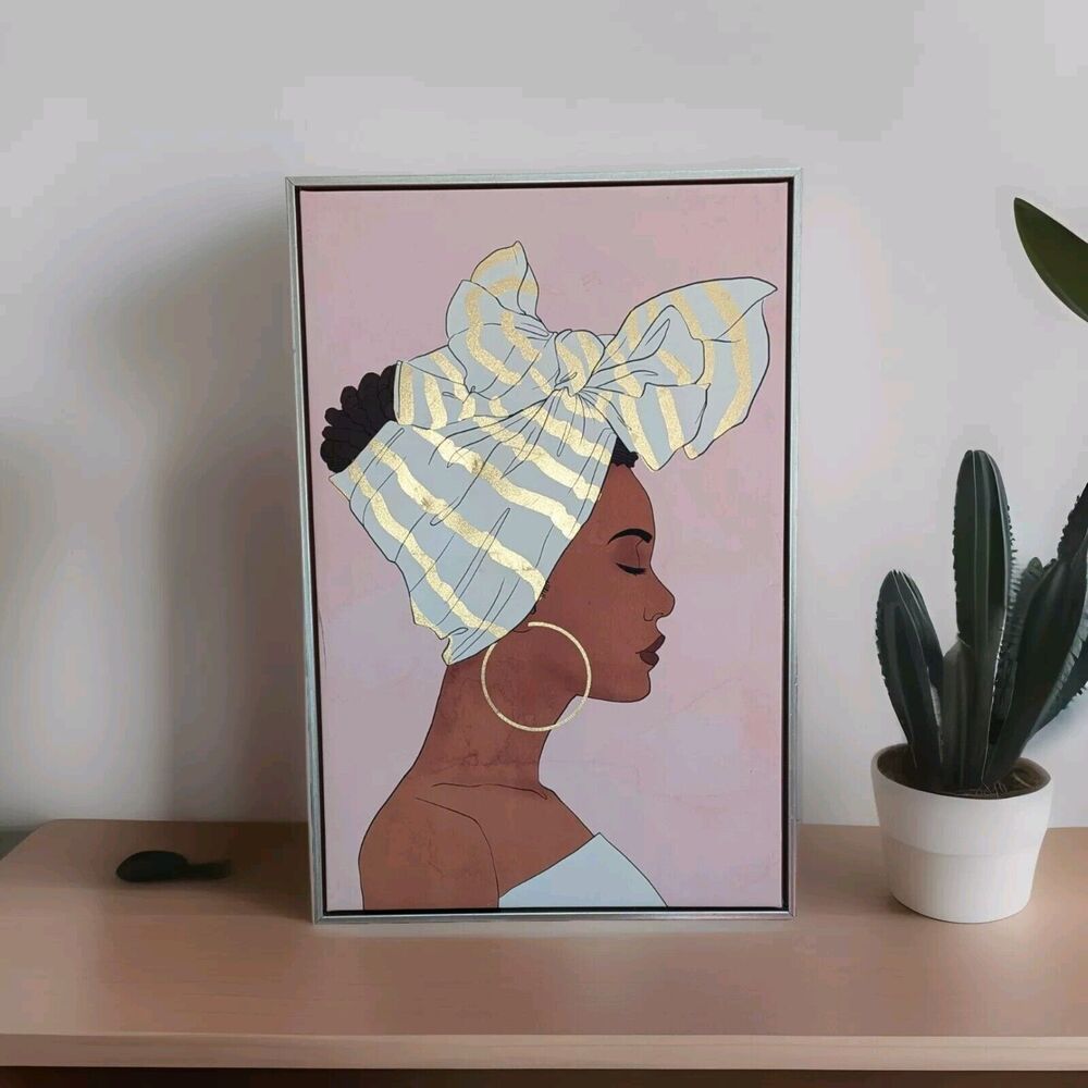 Oliver Gal 'Blush and Golden Wraps' Black Woman With Hair Wrap Framed Canvas